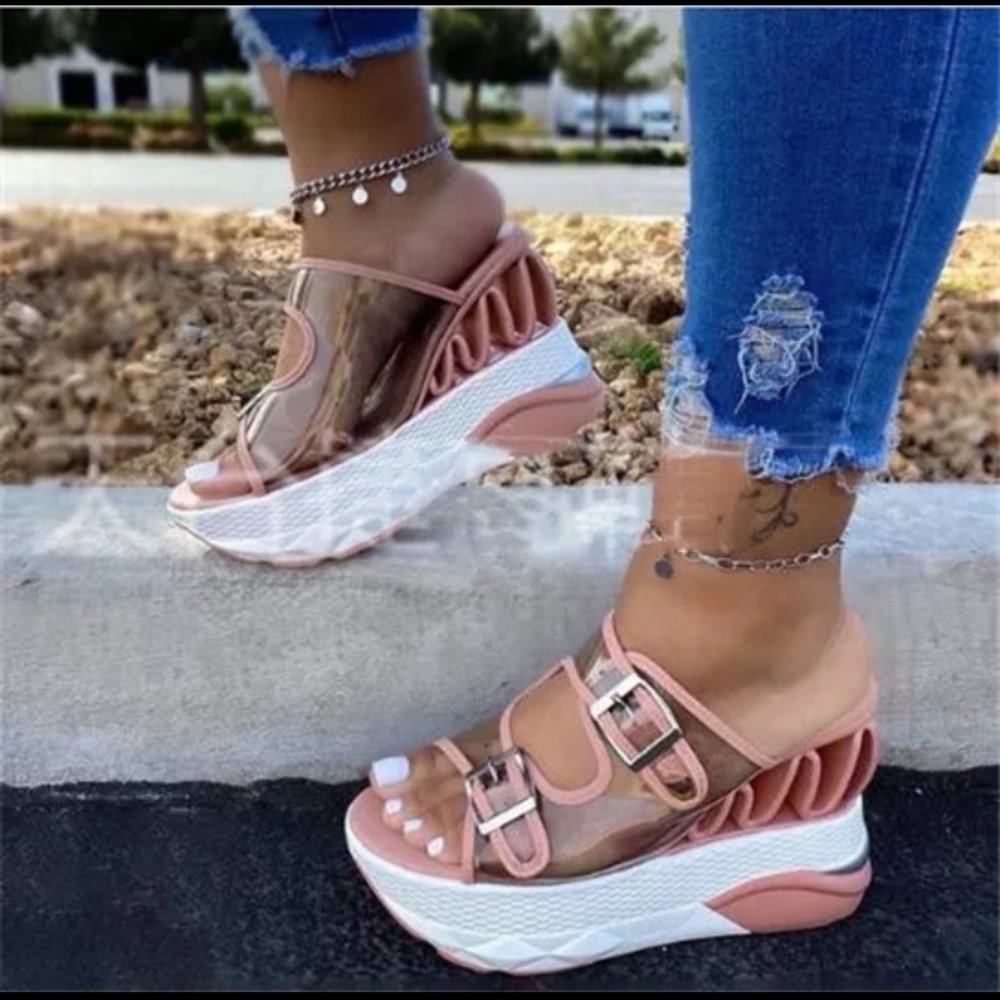 Brand New Buckle Platform Pink Sandals